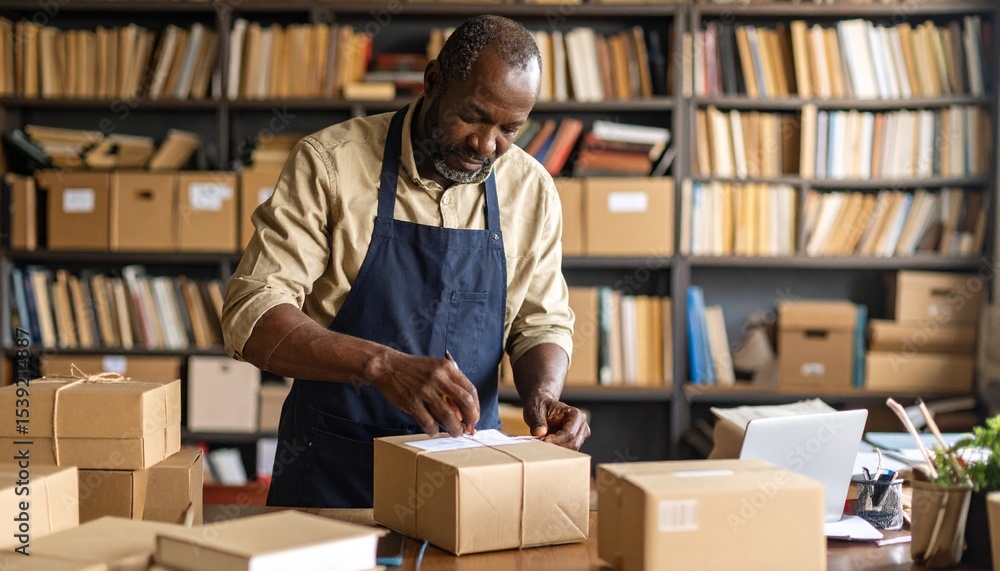 Man packing and labeling products on table Man packing and labeling products on table