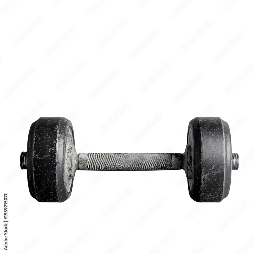 Naklejka premium Heavy Iron Dumbbell with Textured Grip Bar Centered on a Clean Studio Setting for Fitness