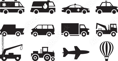 Black Silhouette Icons Transportation Vehicles Airplane Hot Air Balloon