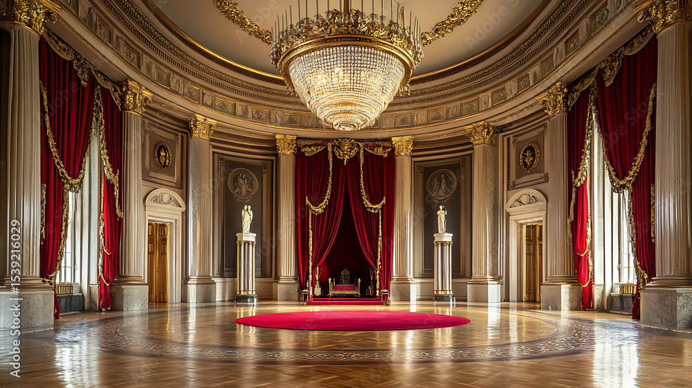 Obraz premium Ornate ballroom interior with crystal chandelier red curtains and golden architectural detail