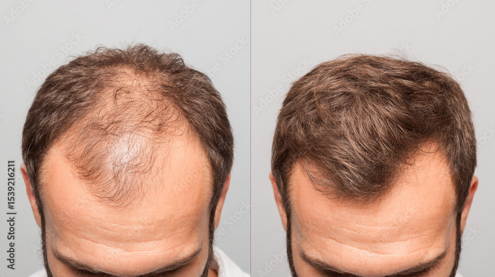 Fototapeta premium Before-and-after: Hair loss treatment shows positive results with fuller, thicker hair regrowth on a man's head. Enhanced confidence visible.