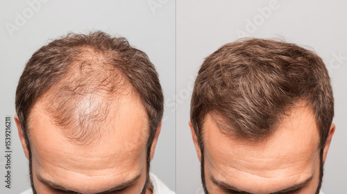Before-and-after: Hair loss treatment shows positive results with fuller, thicker hair regrowth on a man's head. Enhanced confidence visible.