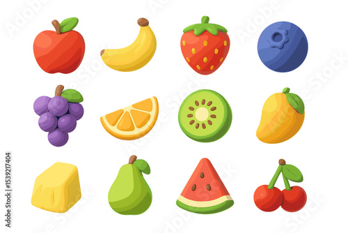 Colorful 3d fruits collection featuring apple, banana, strawberry, and more