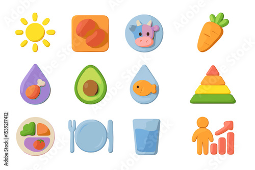 Colorful nutrition icons representing balanced diet and healthy eating symbols