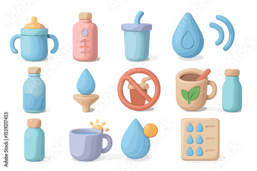 Colorful assortment of 3d drink icons in soft pastels