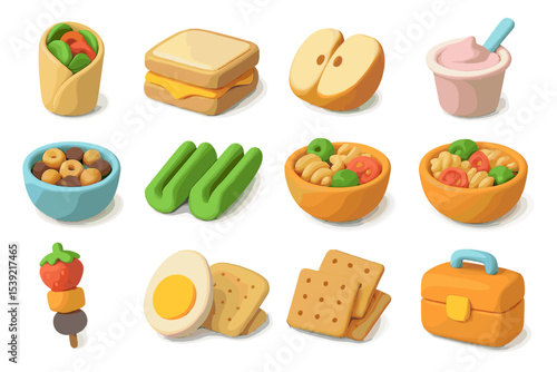 Variety of cute clay foods and snacks with containers