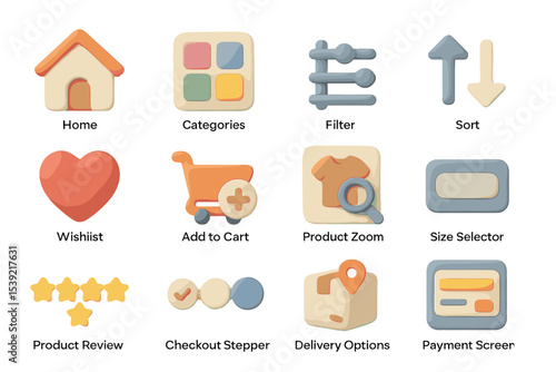 Colorful ui icons for e-commerce: home, wishlist, zoom, payment, categories