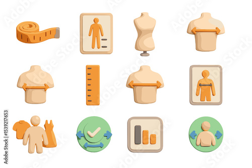 Tailoring icons: measurement, size determination, fit guide, clothing adjustments