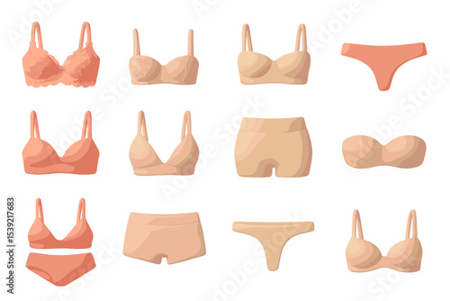 Collection of female lingerie in various styles and colors displayed on hangers