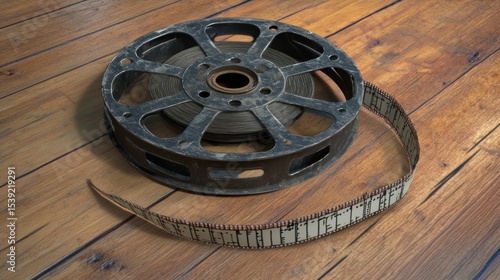 Old film reel on wooden floor