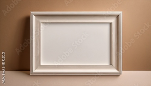 this image presents an empty simple white or off white rectangular frame hung vertically against a muted probably beige or light brown wall what makes this image striking and unique is the play of