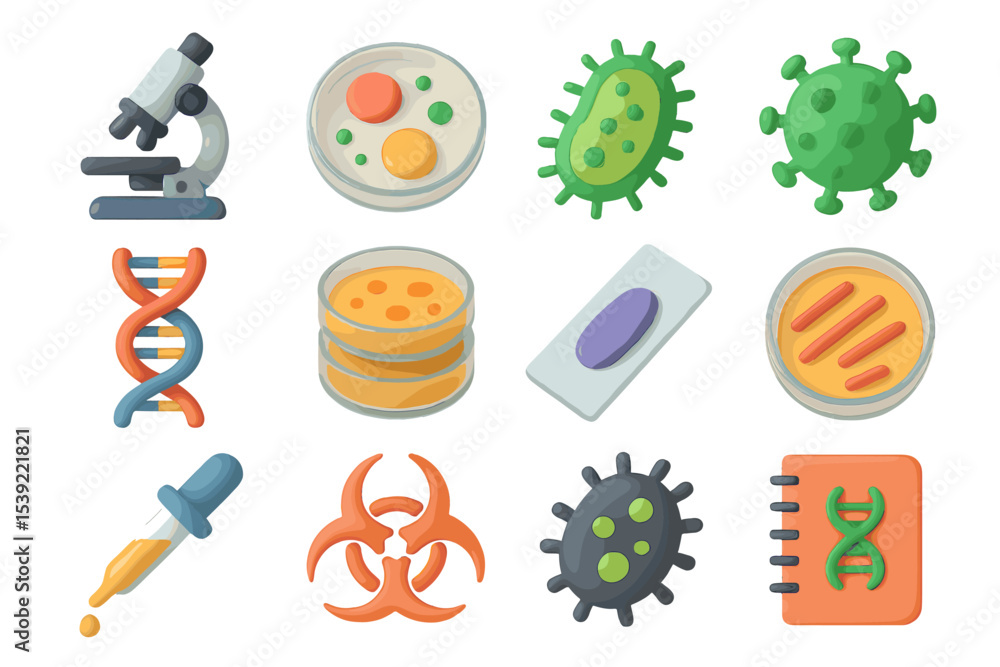 Fototapeta premium Colorful microbiology icons: microscope, dna, virus, petri dish, biohazard dropper