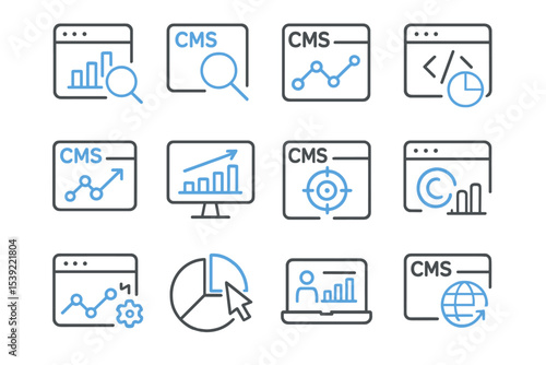Abstract digital interface with data analytics and cms icons