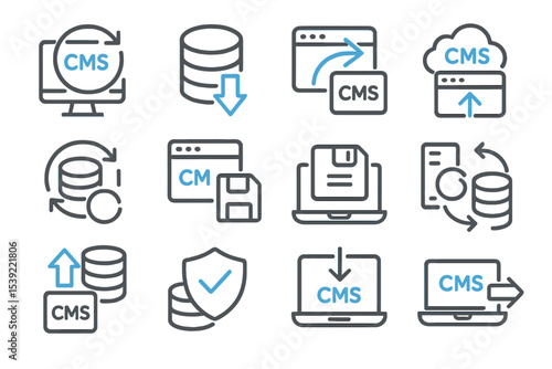 Cms and cloud data integration icons: technology concept and solutions