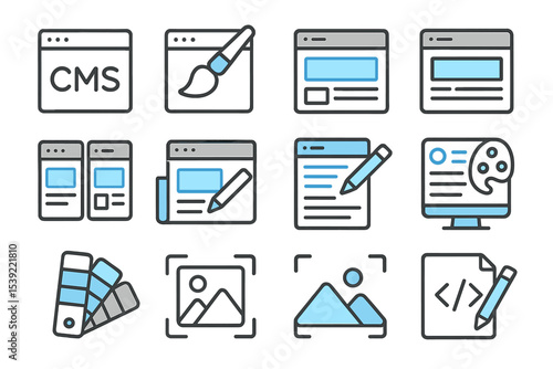 Content management system and web design icons with creative tools and editing elements