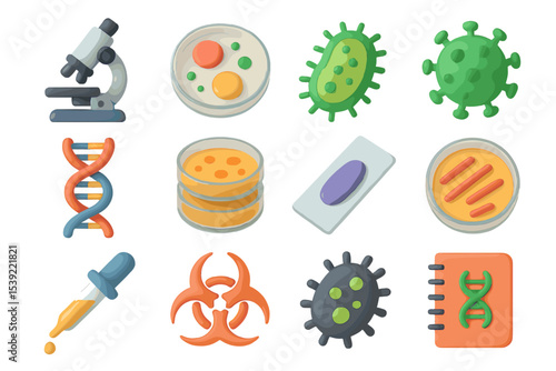 Colorful microbiology icons: microscope, dna, virus, petri dish, biohazard dropper