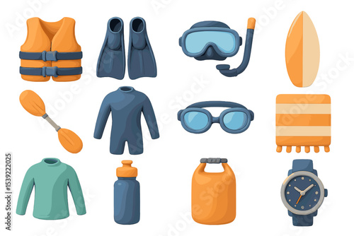 Cartoon 3d beach gear with snorkel, surfboard, and life vest