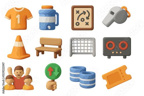 Soccer equipment icons set featuring whistle, jersey, goal, and more