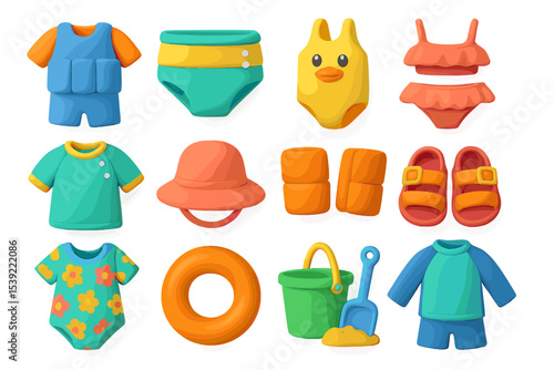 Colorful summer beachwear and accessories for kids