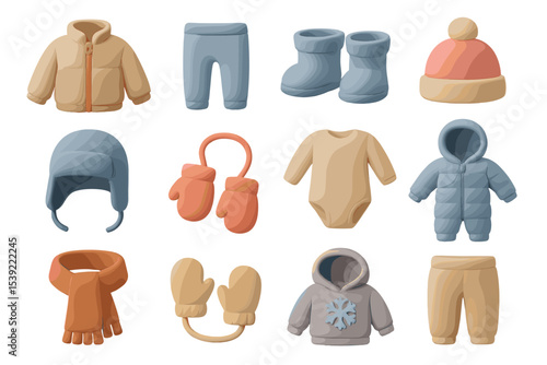 Colorful winter clothing icons set for kids in soft pastel tones