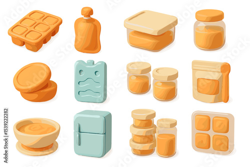 Assorted baby food containers and accessories in warm pastel colors