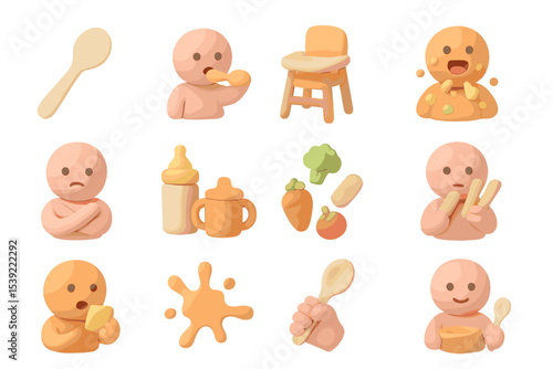 Cute cartoon baby eating and playing with food and utensils