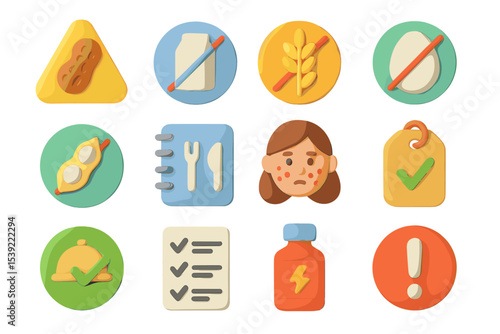 Allergy warning icons with female child and food allergy symbols
