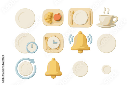 Minimalist food and time icons featuring plates, clock, bell, and coffee