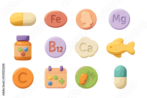 Colorful vitamin and mineral icons with capsules and health symbols