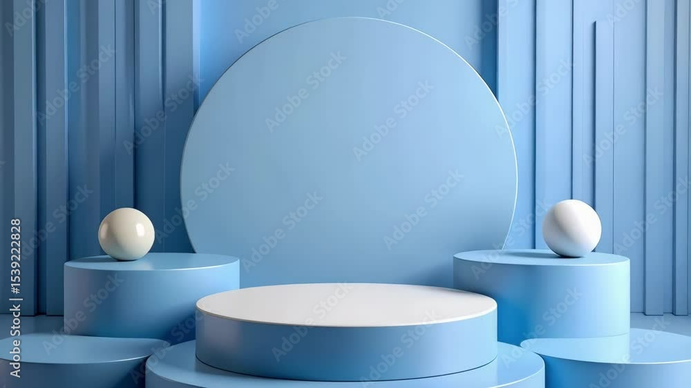 Abstract scene showcasing light blue geometric shapes and cylinders, featuring a round backdrop and neutral color spheres for product display Abstract scene showcasing light blue geometric shapes and cylinders, featuring a round backdrop and neutral color spheres for product display
