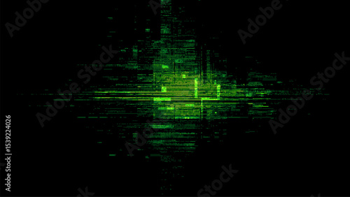 Glitch vector matrix with green geometric data elements and digital noise. Abstract computer background for modern art.