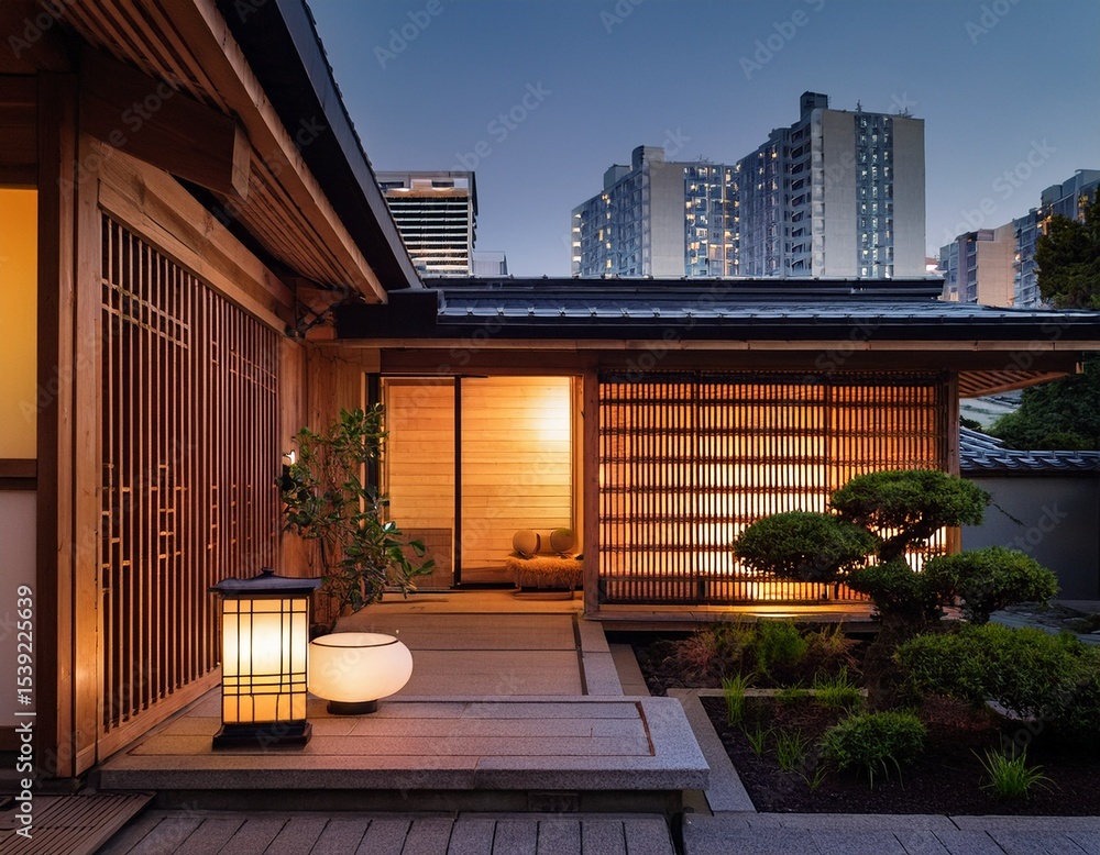 a modern urban japanese house with sharp wood features and courtyard garden warm paper lamp glow inside city lights in background a modern urban japanese house with sharp wood features and courtyard garden warm paper lamp glow inside city lights in background