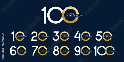 Set of modern vector logo designs for 10th to 100th anniversary, in gold color for celebrations, weddings and birthdays