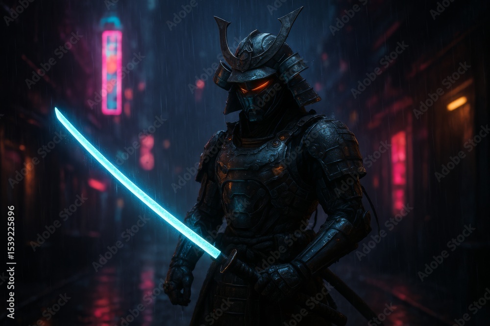 Naklejka premium Cyberpunk Samurai: Neon Rain
