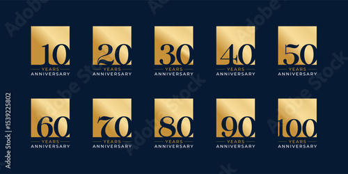 Set of modern vector logo designs for 10th to 100th anniversary in rectangle or box, with gold color for celebrations, weddings and birthdays