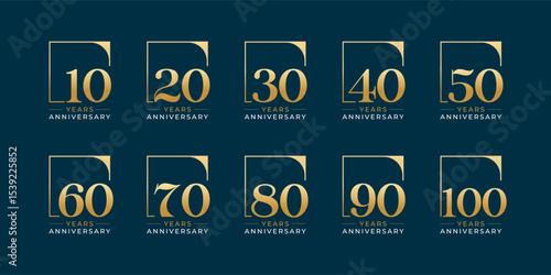 Set of modern vector logo designs for 10th to 100th anniversary in rectangle or box, with gold color for celebrations, weddings and birthdays