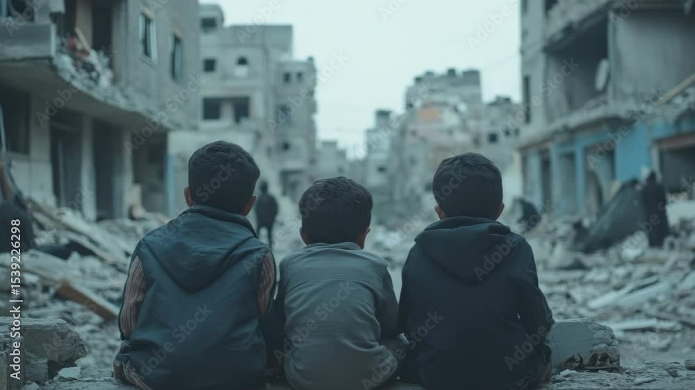 Three children sit amidst the rubble of their town after a conflict. Three children sit amidst the rubble of their town after a conflict.