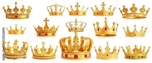 Set of elegant gold crowns, various designs, isolated on white background,  jewelry,  clipart