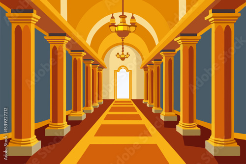 Ancient European church architecture features a historic stone colonnade within a medieval abbey's interior corridor