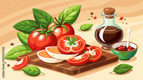 Caprese salad ingredients preparation: Fresh tomatoes, basil, balsamic glaze Very beautiful