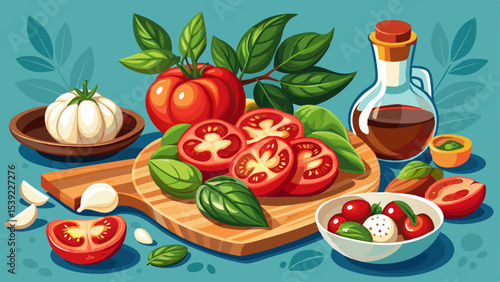 Caprese salad ingredients preparation: Fresh tomatoes, basil, balsamic glaze Very beautiful