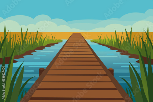 Wooden bridge or pier stretching over a tranquil lake or ocean, offering a picturesque path through a summer landscape under a vast sky