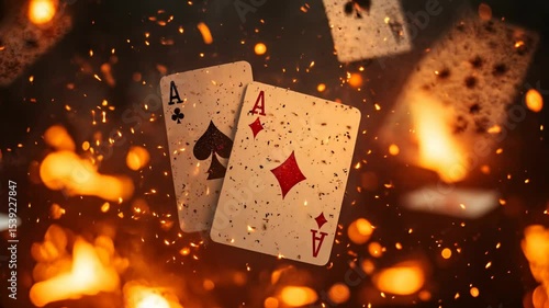 Two ace cards floating in air with fiery filled background enhancing the action. Motion video.