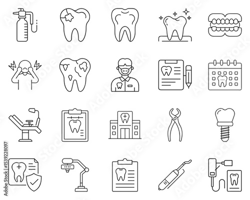Stomatology vector icon set featuring dental care symbols in black silhouettes