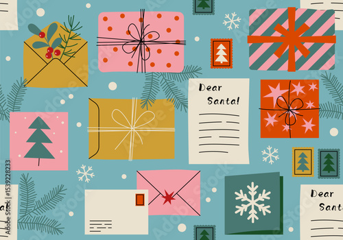 Seamless pattern with Festive xmas greeting card. Santa Claus post office mail. Christmas Santa Claus letter. Xmas holidays wish list letter, mailing envelope with postmark. Gift box