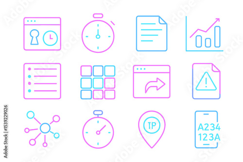 Glowing neon icons on dark background with graphs and symbols
