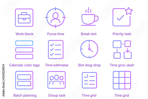 Neon icons for productivity and time management in glowing colors
