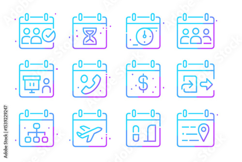 Neon calendar icons with symbols for time management and communication