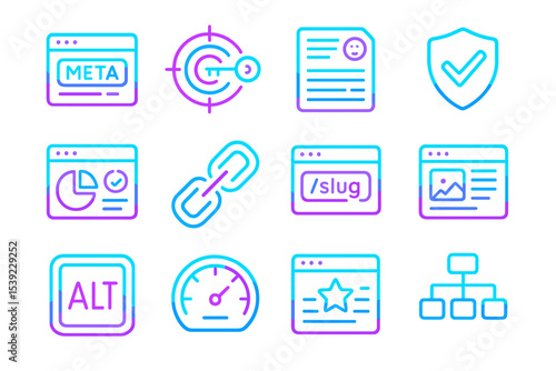 Neon seo icons featuring analytics, shield, dashboard, and sitemaps on glowing background