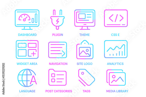 Neon icons of dashboard, plugin, theme, css, widget, navigation, analytics